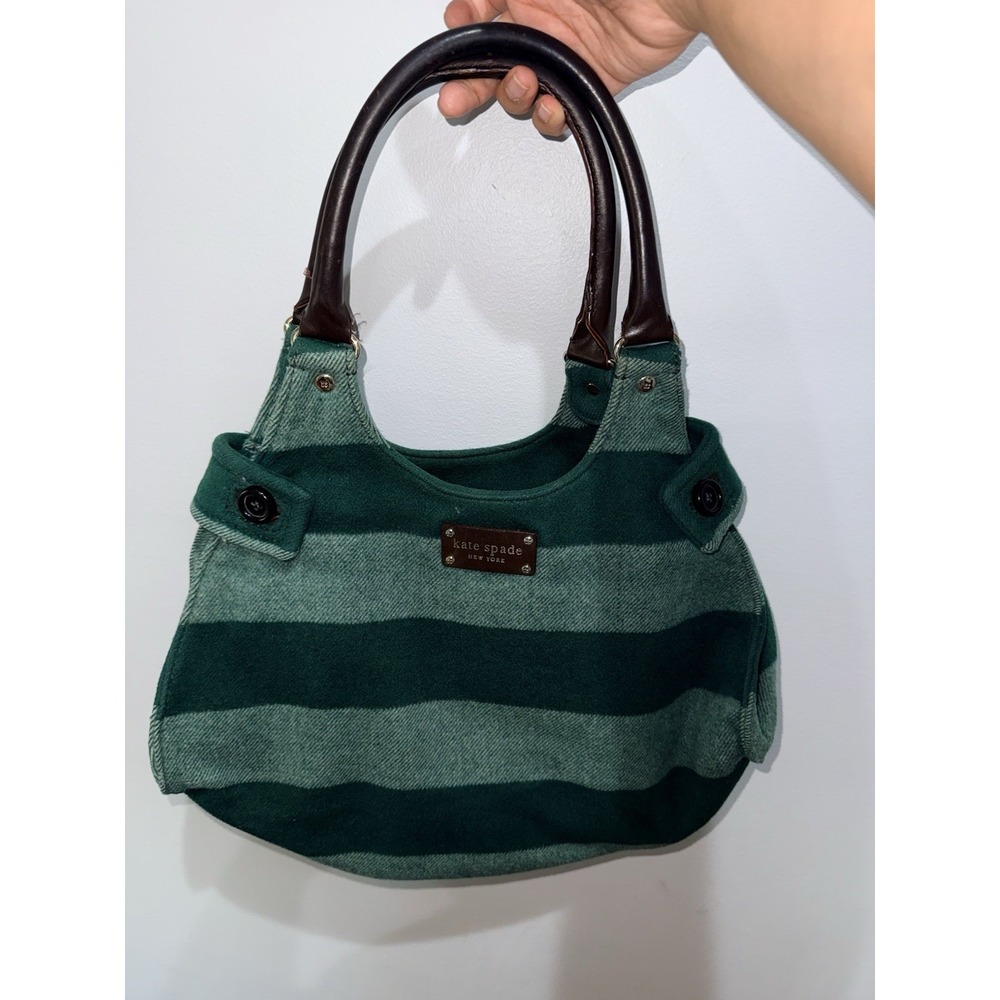 Kate Spade Wool Satchel Top Leather Handle Bag Medium‎ Green Striped 18x14" F
